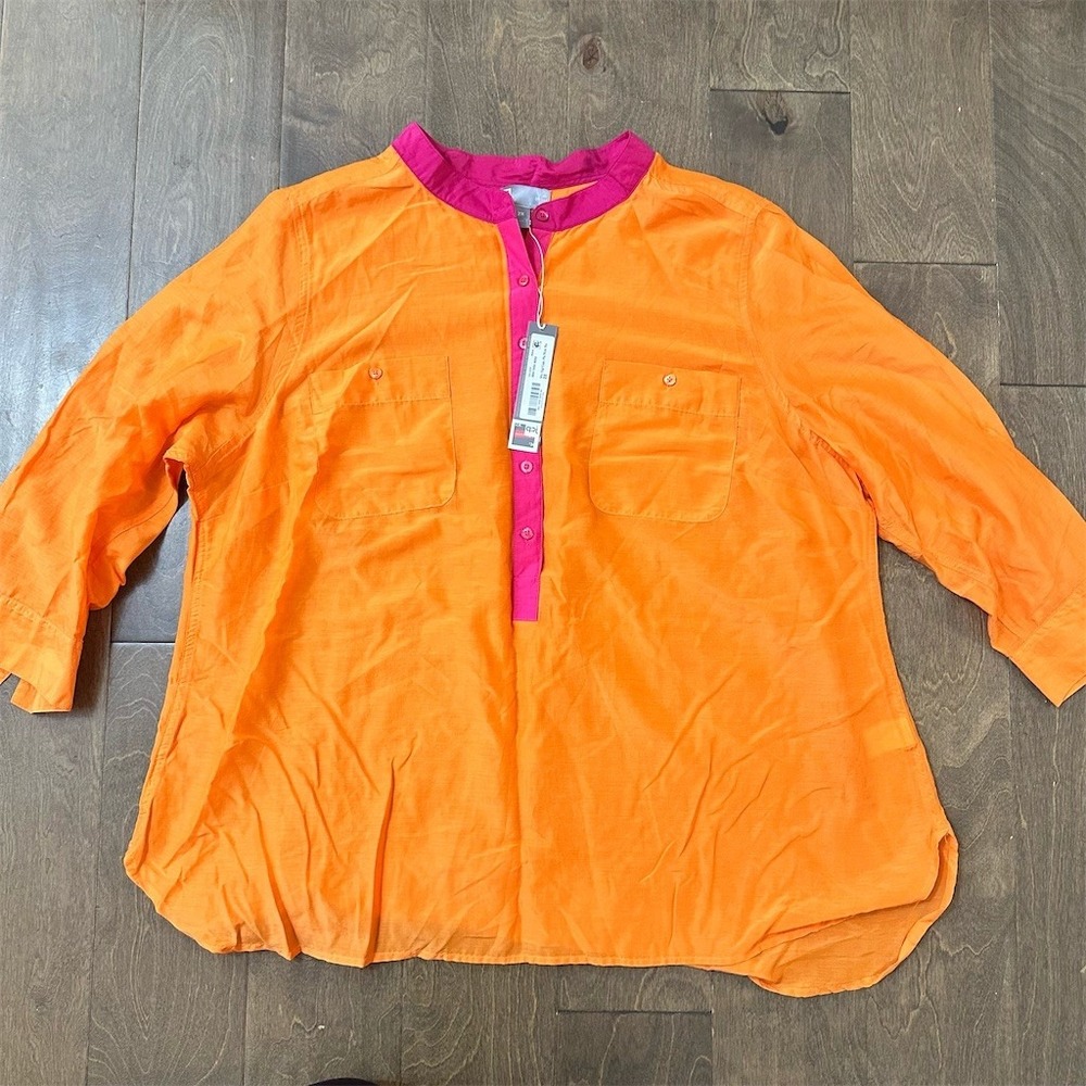 NWT JCPenney Blouse Womens 2XL Plus Orange Tunic Popover‎ 3/4 Sleeve Split Neck